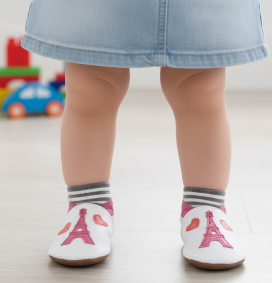 2736, Eiffle Tower White İnch Blue %100 Hakiki Deri, El Yapımı Bebek Çocuk Patik