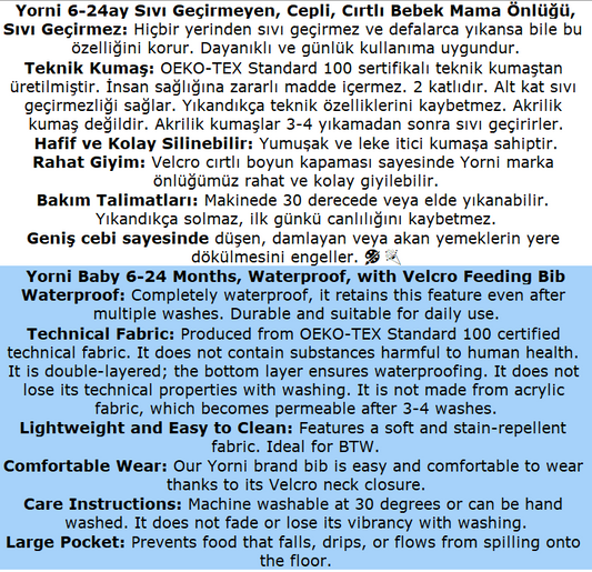 3-24 AY, Zoo, Sıvı Geçirmeyen, İlk Önlüğüm, Cepli, Cırtlı Mama Önlüğü, Önlük, Çok Amaçlı Beslenme Önlüğü