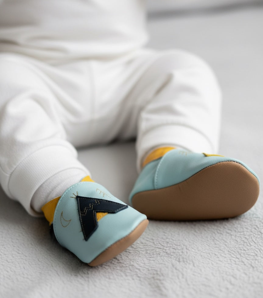 2738, Teepee Blue İnch Blue %100 Hakiki Deri, El Yapımı Bebek Çocuk Patik
