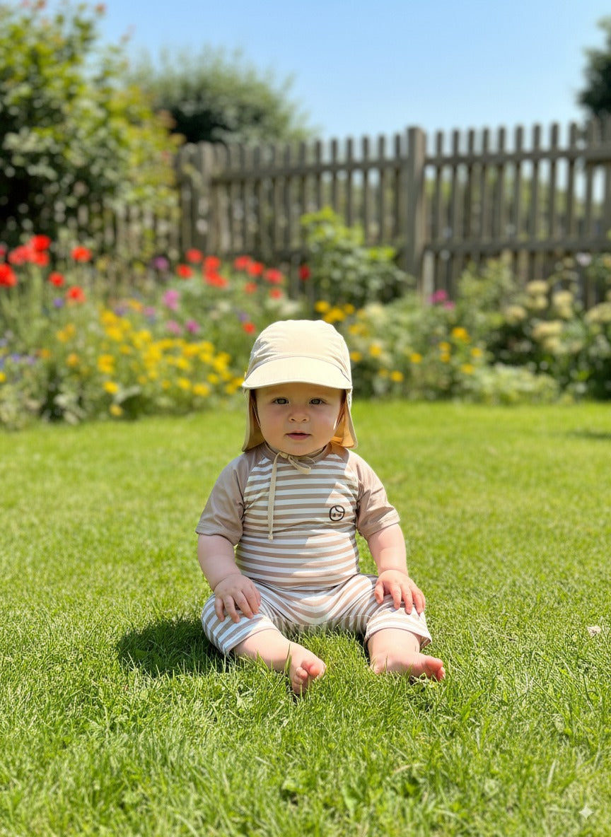 Haki (Bej), Ense Korumalı, Boyundan Bağlamalı, Arkası Ayar Tokalı, Astarlı Çocuk Bebek Güneş Şapka
