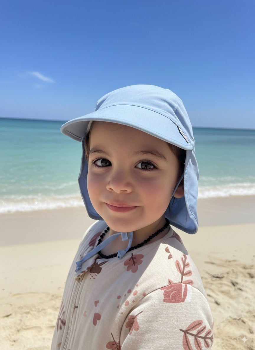 Mavi, Ense Korumalı, Boyundan Bağlamalı, Arkası Ayar Tokalı, Astarlı Çocuk Bebek Güneş Şapka