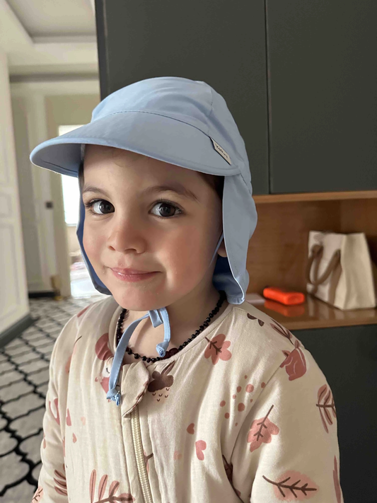 Mavi, Ense Korumalı, Boyundan Bağlamalı, Arkası Ayar Tokalı, Astarlı Çocuk Bebek Güneş Şapka