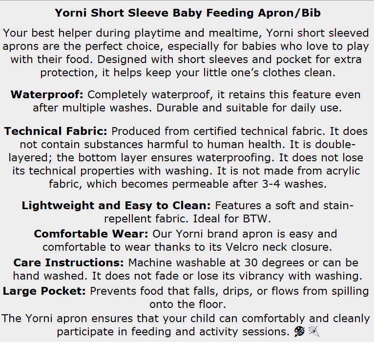 1-3 Yaş, Zoo, Sıvı Geçirmeyen, KISA Kollu, Cepli, Cırtlı Mama Önlüğü, Önlük, Çok Amaçlı Beslenme Önlüğü