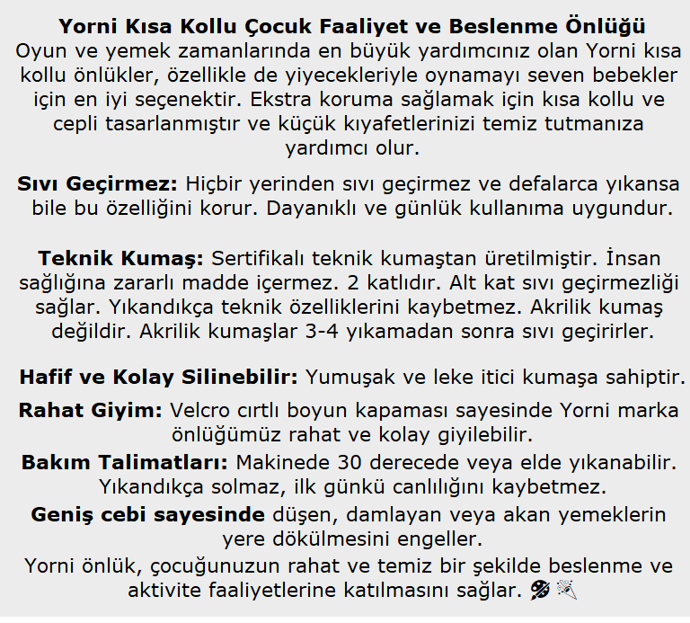 1-3 Yaş, Zoo, Sıvı Geçirmeyen, KISA Kollu, Cepli, Cırtlı Mama Önlüğü, Önlük, Çok Amaçlı Beslenme Önlüğü