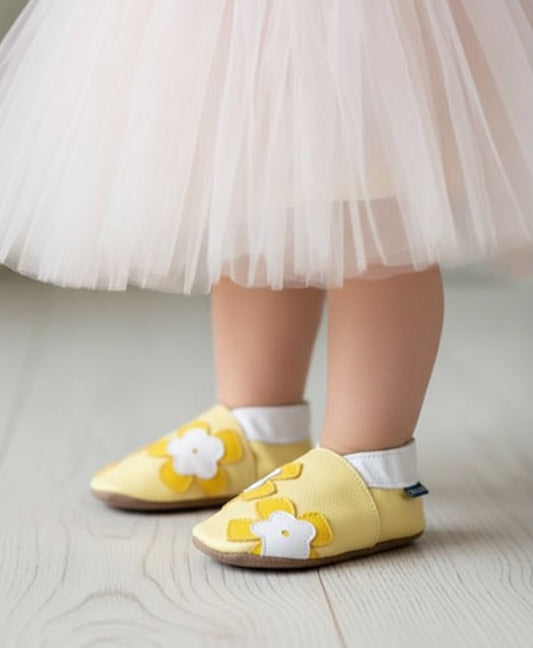 2226,Freya Pastel Yellow İnch Blue %100 Hakiki Deri, El Yapımı Bebek Çocuk Patik