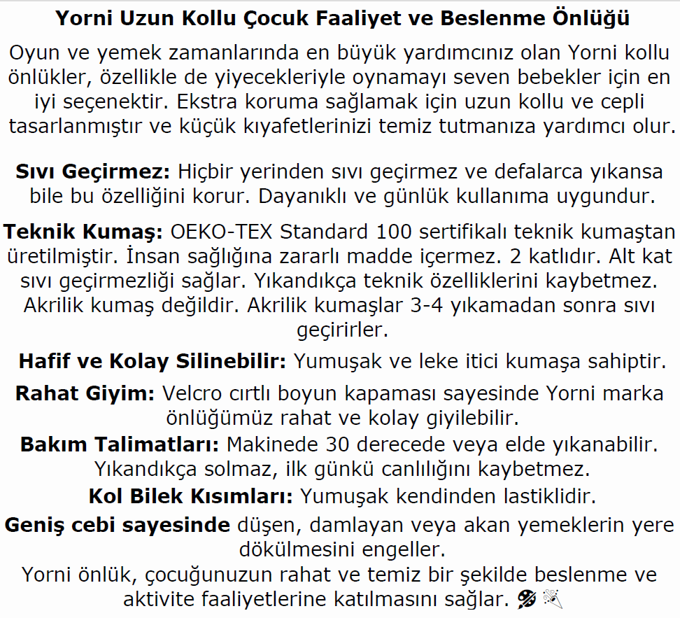 Jungle, Sıvı Geçirmeyen, Uzun Kollu, Cepli, Cırtlı Mama Önlüğü, Önlük, Çok Amaçlı Beslenme Önlüğü