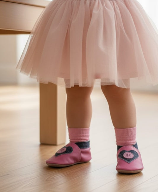 2554,Esme Rose Pink İnch Blue %100 Hakiki Deri, El Yapımı Bebek Çocuk Patik