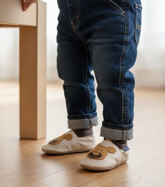 2574,Bear Cream Tan, İnch Blue %100 Hakiki Deri, El Yapımı Bebek Çocuk Patik