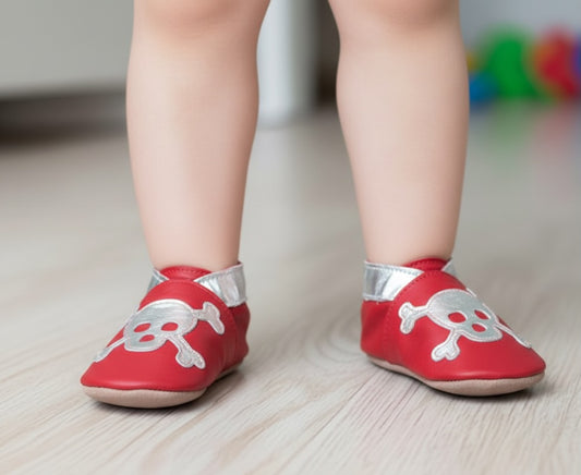 2599, Skull Red Silver İnch Blue %100 Hakiki Deri, El Yapımı Bebek Çocuk Patik