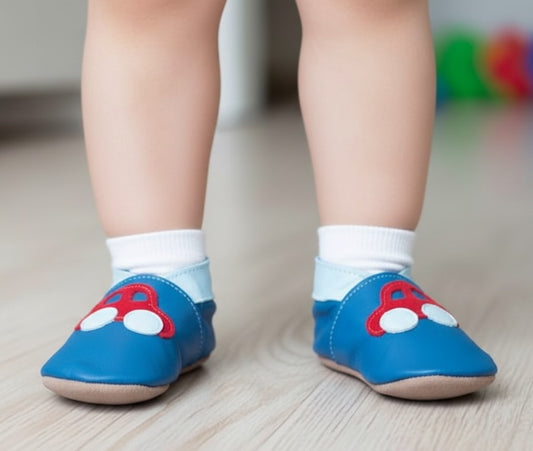 2602, Car Blue Red İnch Blue %100 Hakiki Deri, El Yapımı Bebek Çocuk Patik