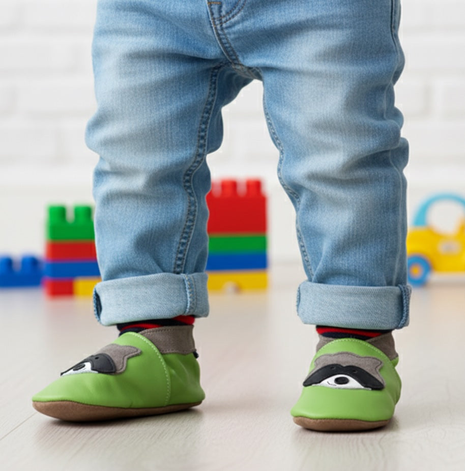 2732, Raccoon Green İnch Blue %100 Hakiki Deri, El Yapımı Bebek Çocuk Patik