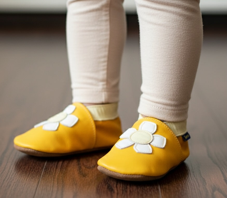 2748, Geranium Yellow İnch Blue %100 Hakiki Deri, El Yapımı Bebek Çocuk Patik