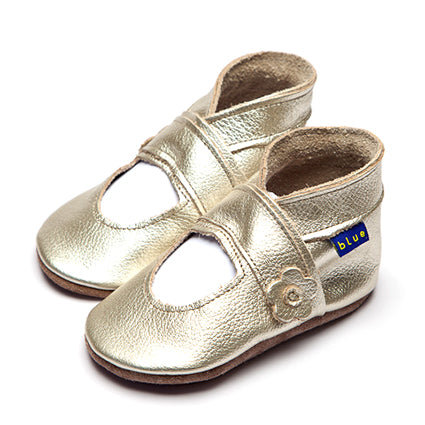 2853, Mary Jane Metalic Gold İnch Blue %100 Hakiki Deri, El Yapımı Bebek Çocuk Patik