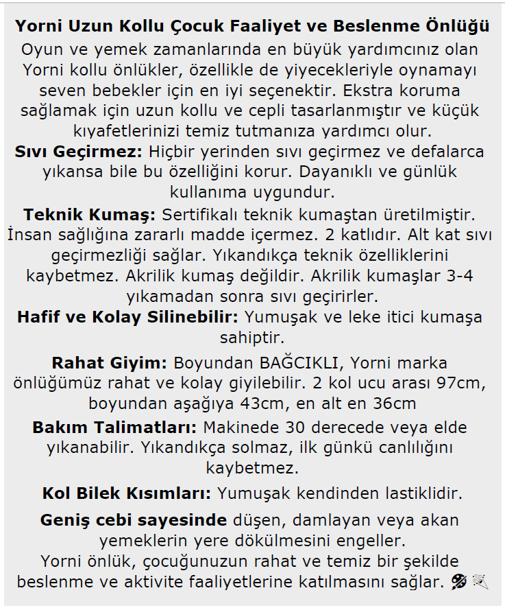 3-6 Yaş, Family, Sıvı Geçirmeyen, Boyundan BAĞCIKLI, Uzun Kollu, Cepli, Aktivite, Mama Önlüğü, Önlük, Çok Amaçlı Etkinlik ve Beslenme Önlüğü