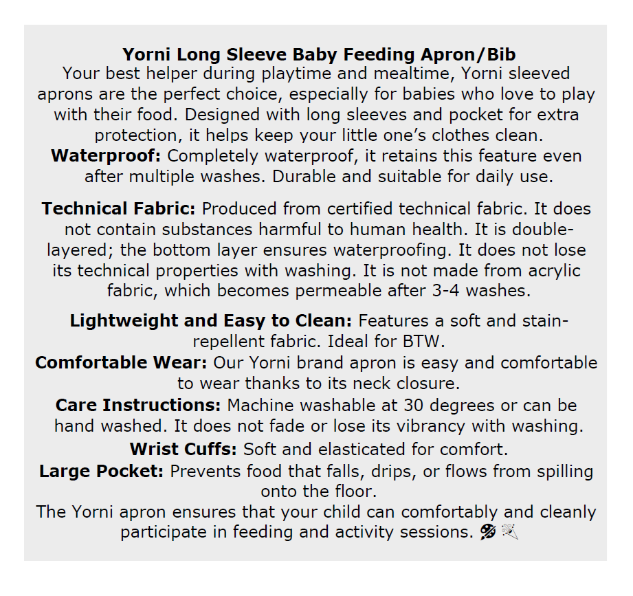 3-6 Yaş, Family, Sıvı Geçirmeyen, Boyundan BAĞCIKLI, Uzun Kollu, Cepli, Aktivite, Mama Önlüğü, Önlük, Çok Amaçlı Etkinlik ve Beslenme Önlüğü