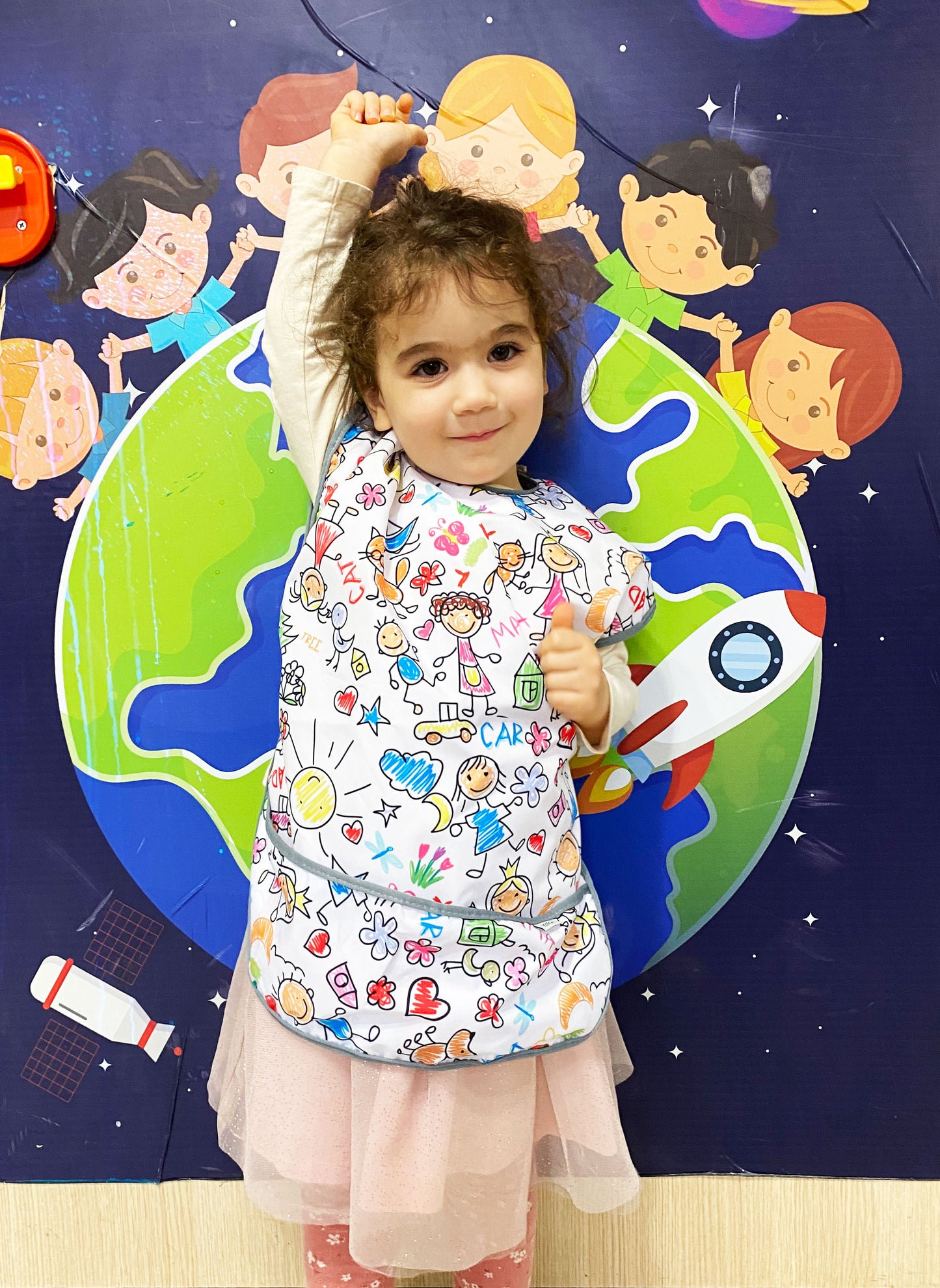 3-6 Yaş, Family, Sıvı Geçirmeyen, KISA Kollu, Belden Bağcıklı, Cepli, Cırtlı Mama Önlüğü, Önlük, Çok Amaçlı Beslenme Önlüğü