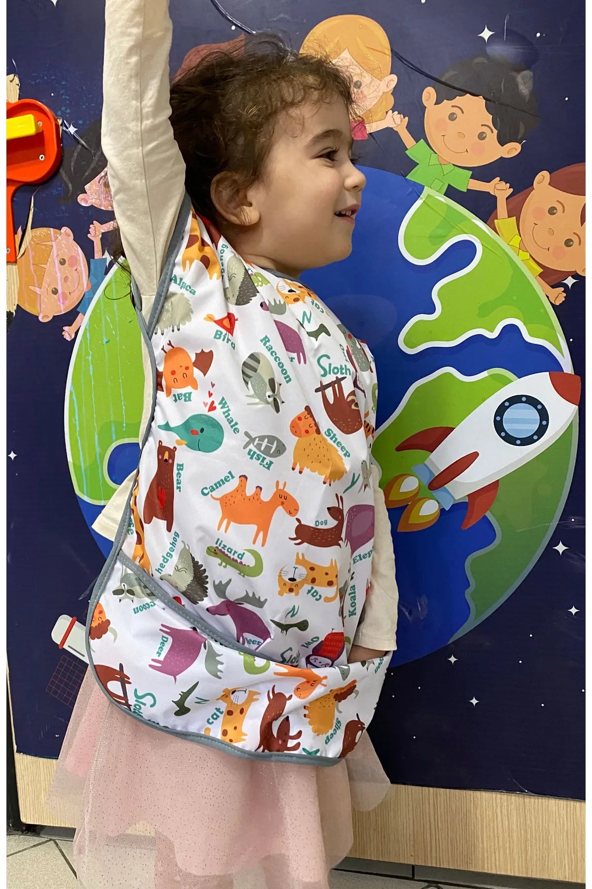 3-6 Yaş, Zoo, Sıvı Geçirmeyen, KISA Kollu, Belden Bağcıklı, Cepli, Cırtlı Mama Önlüğü, Önlük, Çok Amaçlı Beslenme Önlüğü