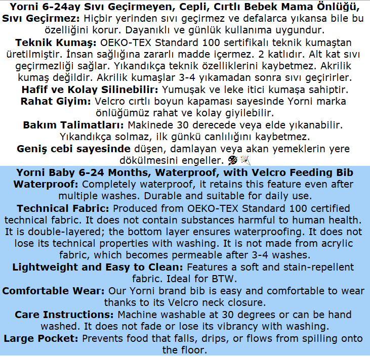 3-24 AY, Zoo, Sıvı Geçirmeyen, İlk Önlüğüm, Cepli, Cırtlı Mama Önlüğü, Önlük, Çok Amaçlı Beslenme Önlüğü