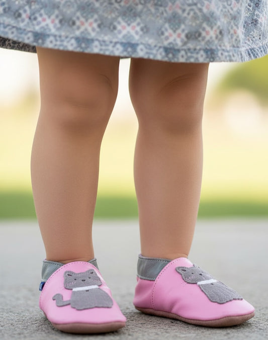 2124, Meeow Baby Pink İnch Blue %100 Hakiki Deri, El Yapımı Bebek Çocuk Patik