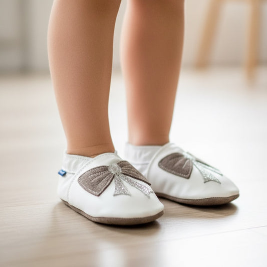 3013, Bow White  İnch Blue %100 Hakiki Deri, El Yapımı Bebek Çocuk Patik