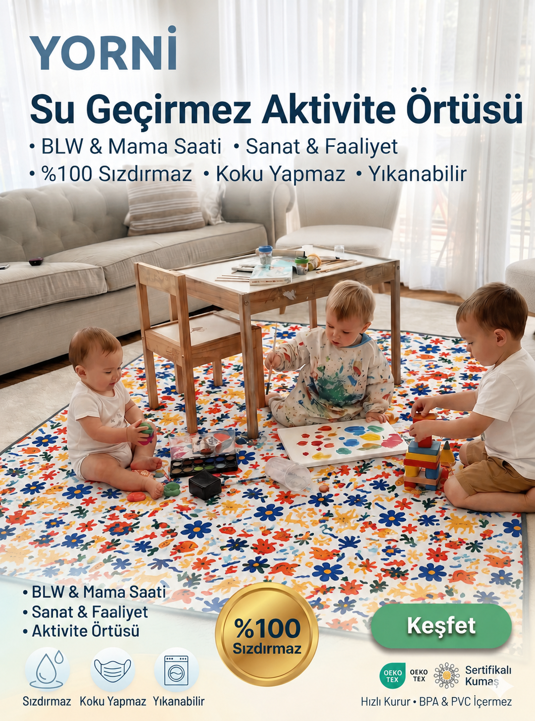 Yorni Minimal %100 Sıvı Geçirmez (Waterproof) Çok Amaçlı Bebek Örtüsü & Splat Mat