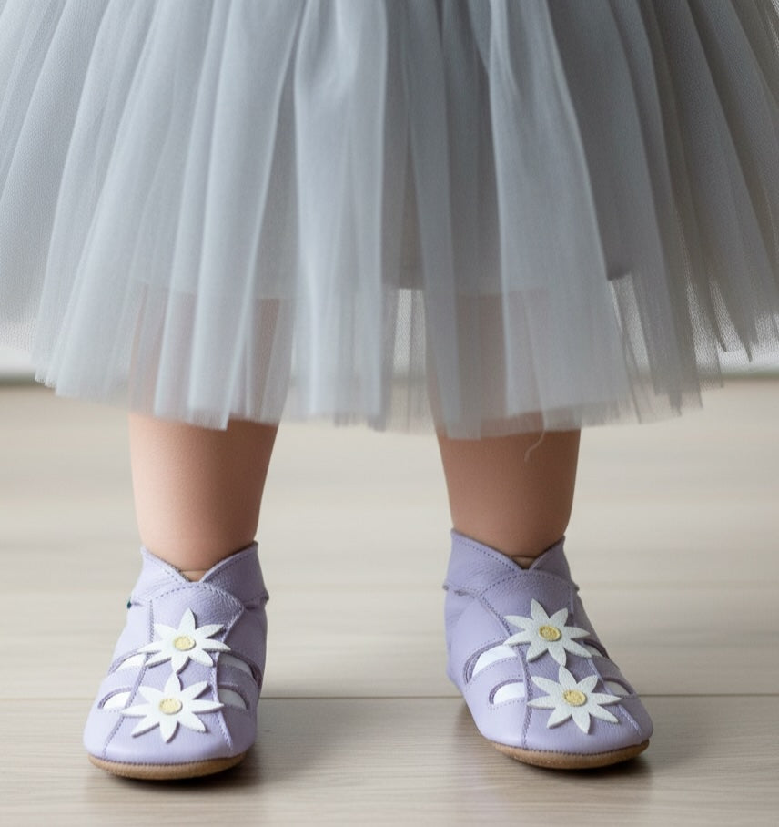 DP27, Flower Sandal Lilac Inch Blue %100 Hakiki Deri, El Yapımı Bebek Çocuk Patik