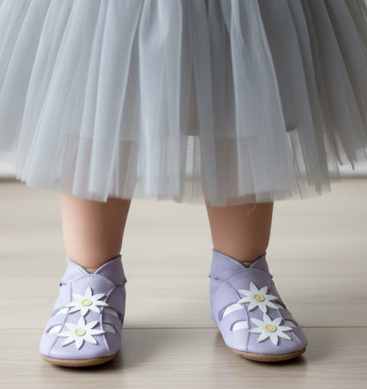 DP27, Flower Sandal Lilac Inch Blue %100 Hakiki Deri, El Yapımı Bebek Çocuk Patik