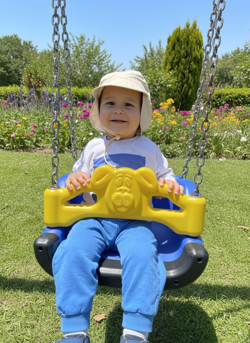 Haki (Bej), Ense Korumalı, Boyundan Bağlamalı, Arkası Ayar Tokalı, Astarlı Çocuk Bebek Güneş Şapka