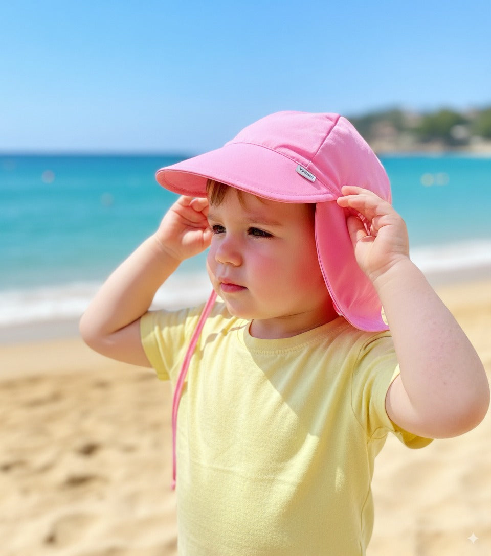 Pembe, Ense Korumalı, Boyundan Bağlamalı, Arkası Ayar Tokalı, Astarlı Çocuk Bebek Güneş Şapka