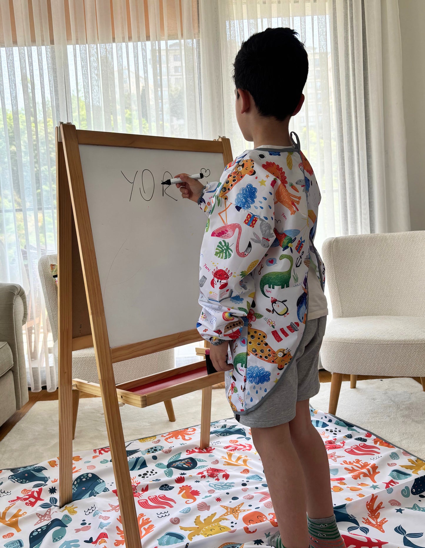 7-11 Yaş, Jungle, Sıvı Geçirmez, Ekstra Büyük Kalıp, Cırtlı, Uzun Kollu Çocuk Faaliyet Aktivite Boyama Önlüğü