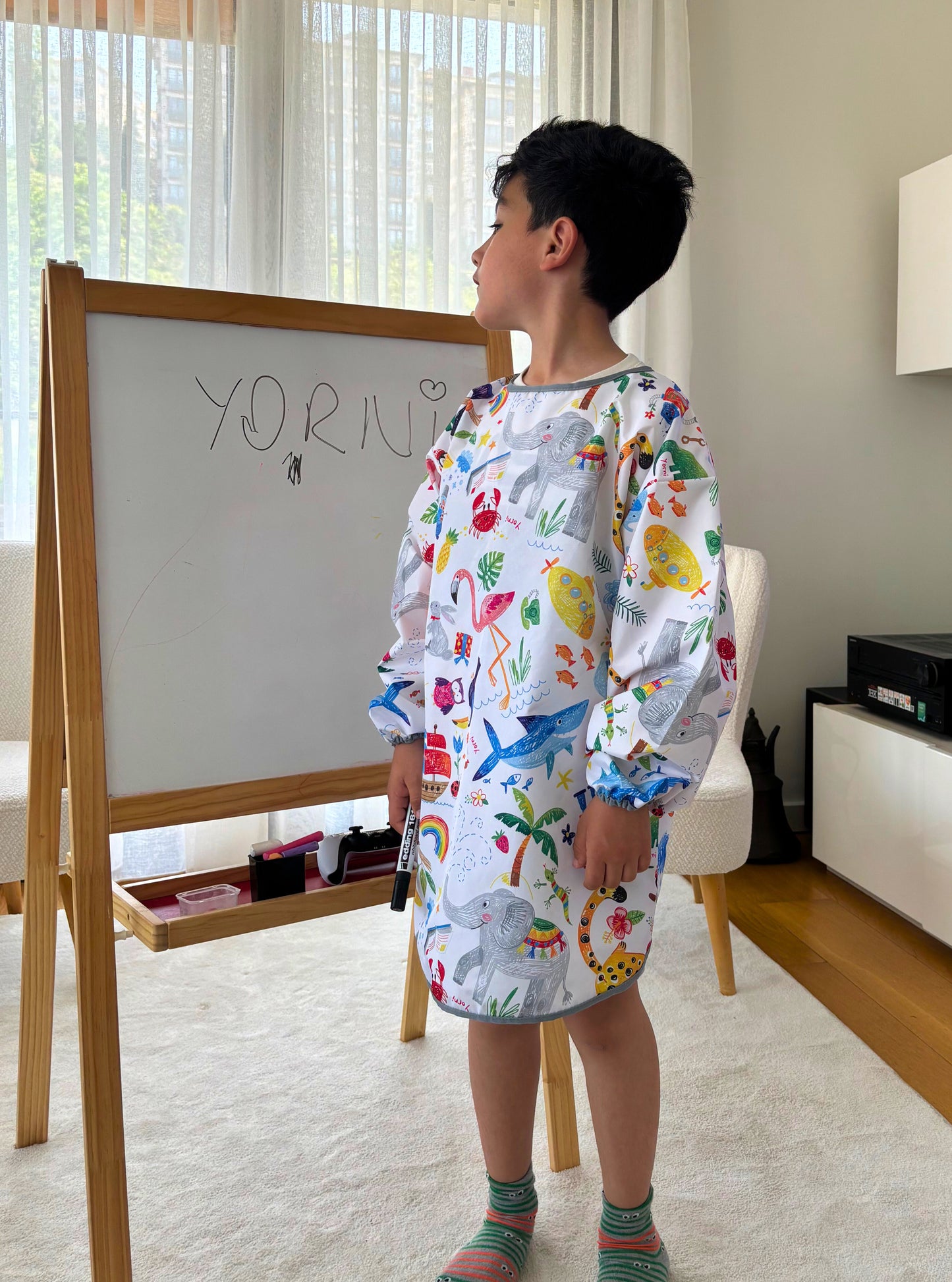 7-11 Yaş, Jungle, Sıvı Geçirmez, Ekstra Büyük Kalıp, Cırtlı, Uzun Kollu Çocuk Faaliyet Aktivite Boyama Önlüğü