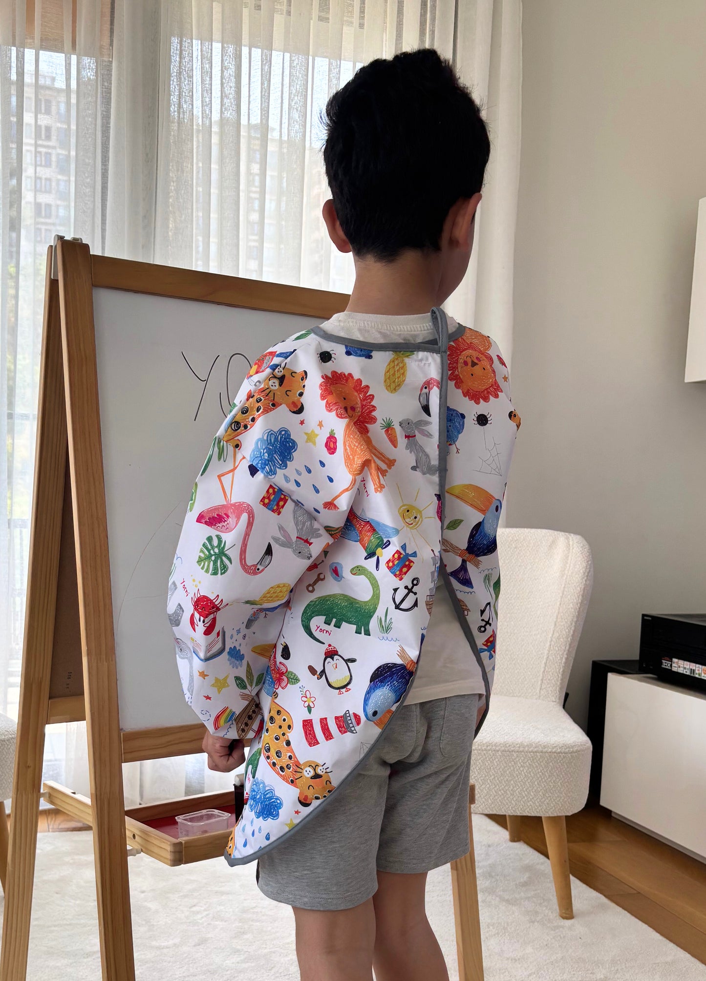 7-11 Yaş, Jungle, Sıvı Geçirmez, Ekstra Büyük Kalıp, Cırtlı, Uzun Kollu Çocuk Faaliyet Aktivite Boyama Önlüğü