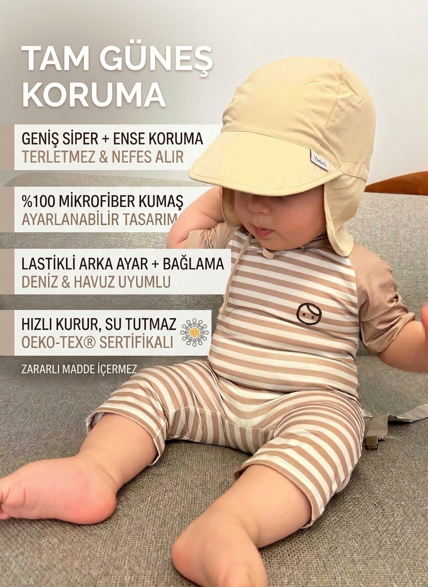 Haki (Bej), Ense Korumalı, Boyundan Bağlamalı, Arkası Ayar Tokalı, Astarlı Çocuk Bebek Güneş Şapka