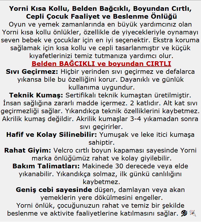 3-6 Yaş, Zoo, Sıvı Geçirmeyen, KISA Kollu, Belden Bağcıklı, Cepli, Cırtlı Mama Önlüğü, Önlük, Çok Amaçlı Beslenme Önlüğü