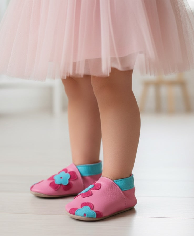 DP18, Freya Rose Pink Inch Blue %100 Hakiki Deri, El Yapımı Bebek Çocuk Patik