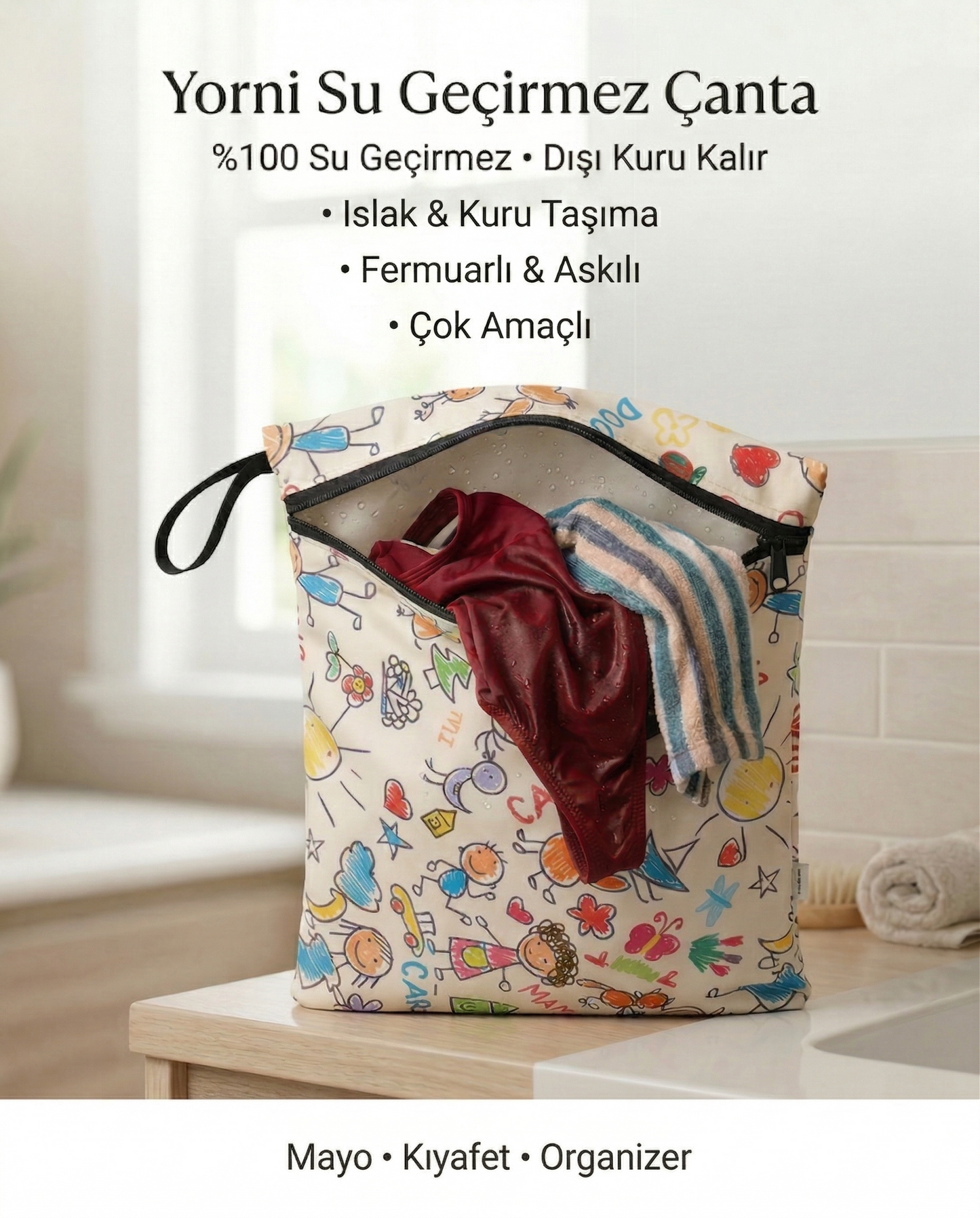 Family, Sıvı Geçirmeyen, Islak/Kuru Çok Amaçlı Çanta, Fermuarlı, Islak Mayo, Kirli Kıyafet, Organizer vs için