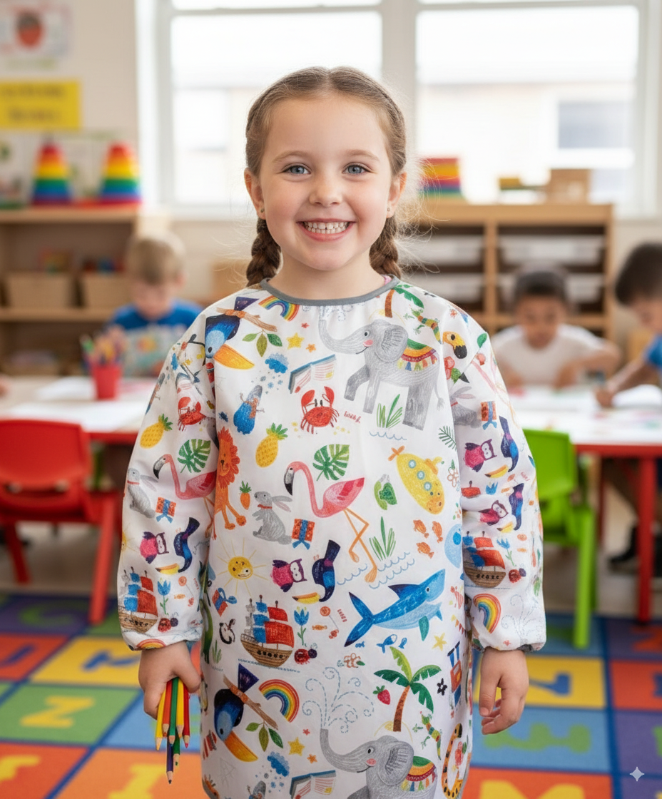 7-11 Yaş, Jungle, Sıvı Geçirmez, Ekstra Büyük Kalıp, Cırtlı, Uzun Kollu Çocuk Faaliyet Aktivite Boyama Önlüğü