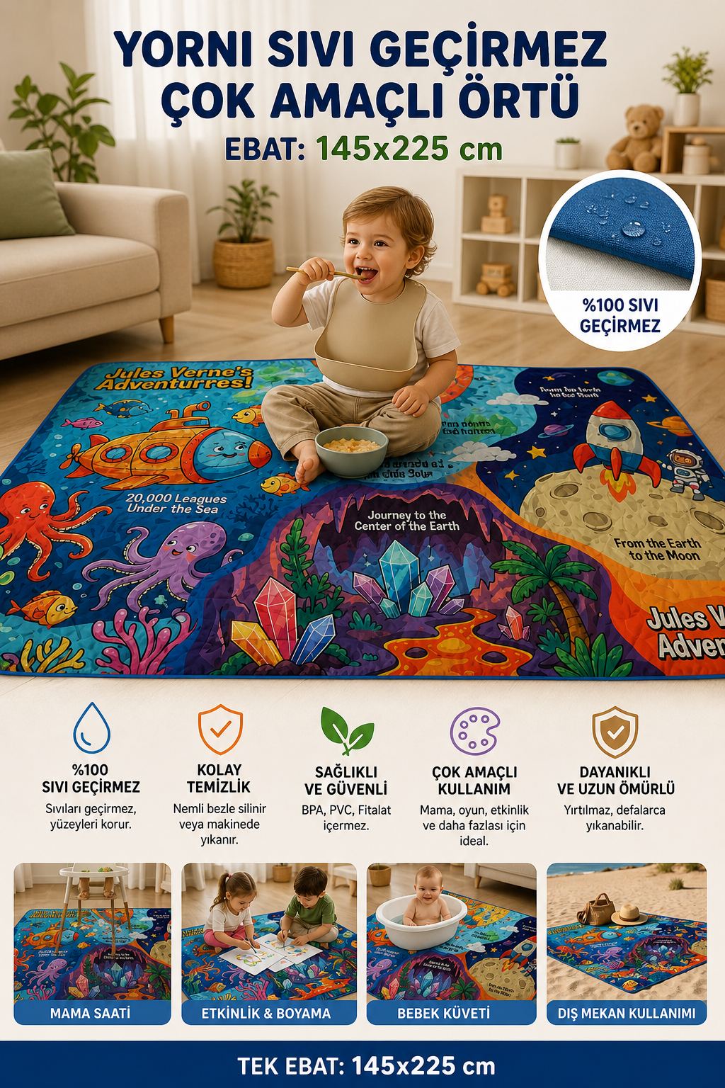 Yorni Jules VERNES %100 Sıvı Geçirmez (Waterproof) Çok Amaçlı Bebek Örtüsü & Splat Mat