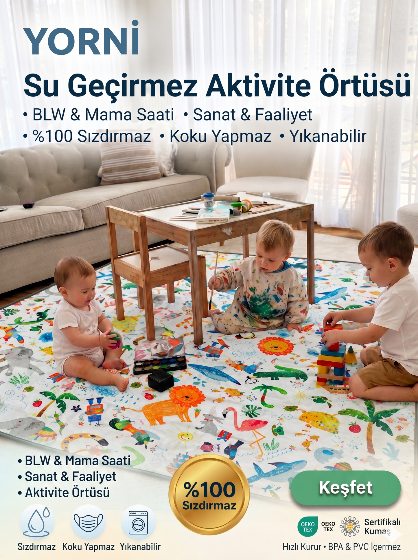 Yorni Jungle %100 Sıvı Geçirmez (Waterproof) Çok Amaçlı Bebek Örtüsü & Splat Mat