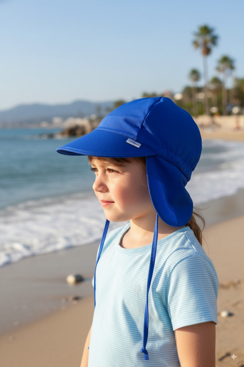 Lacivert, Ense Korumalı, Boyundan Bağlamalı, Arkası Ayar Tokalı, Astarlı Çocuk Bebek Güneş Şapka