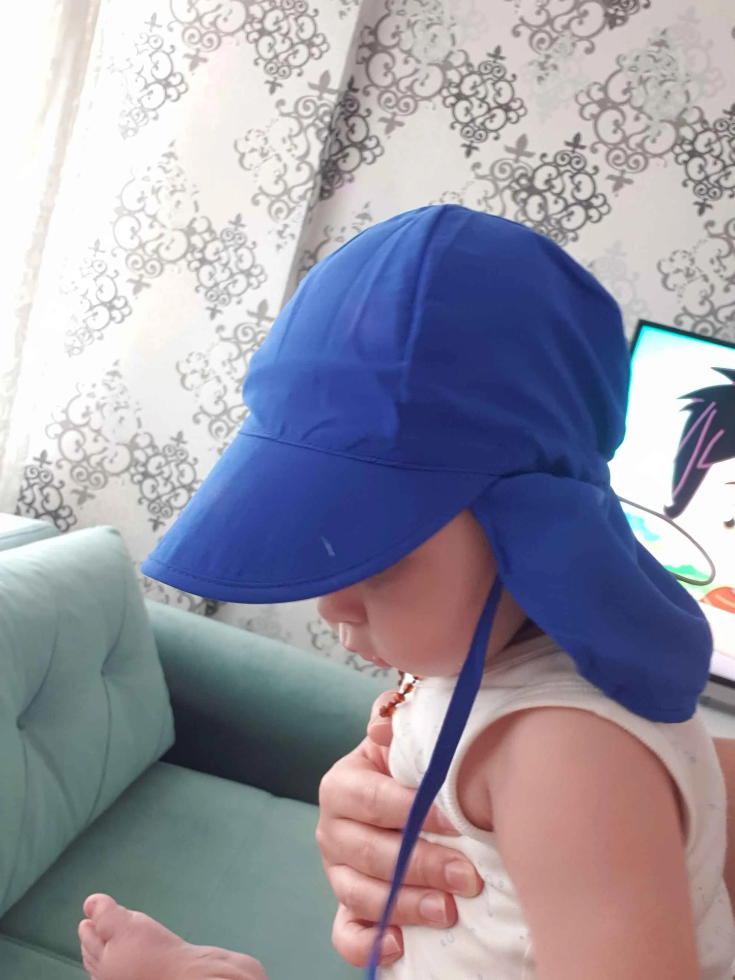 Lacivert, Ense Korumalı, Boyundan Bağlamalı, Arkası Ayar Tokalı, Astarlı Çocuk Bebek Güneş Şapka