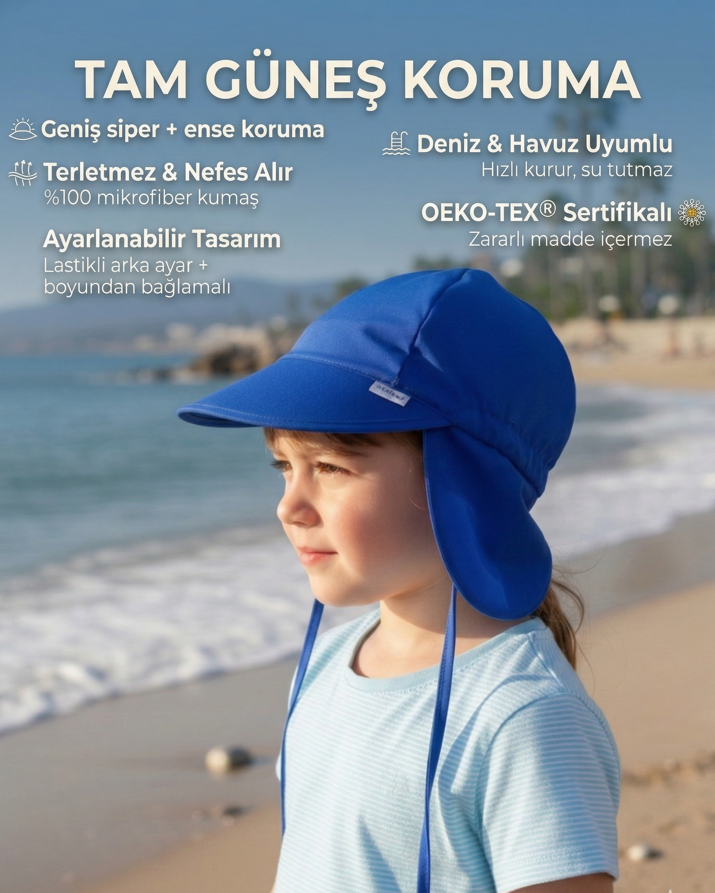 Lacivert, Ense Korumalı, Boyundan Bağlamalı, Arkası Ayar Tokalı, Astarlı Çocuk Bebek Güneş Şapka