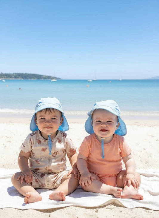 Mavi, Ense Korumalı, Boyundan Bağlamalı, Arkası Ayar Tokalı, Astarlı Çocuk Bebek Güneş Şapka