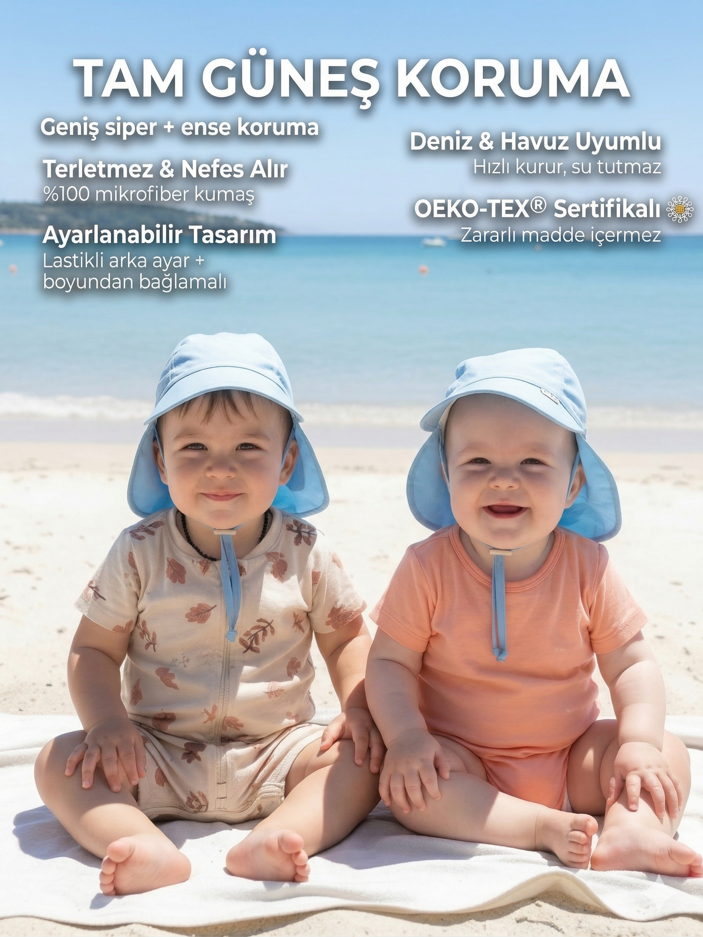 Mavi, Ense Korumalı, Boyundan Bağlamalı, Arkası Ayar Tokalı, Astarlı Çocuk Bebek Güneş Şapka
