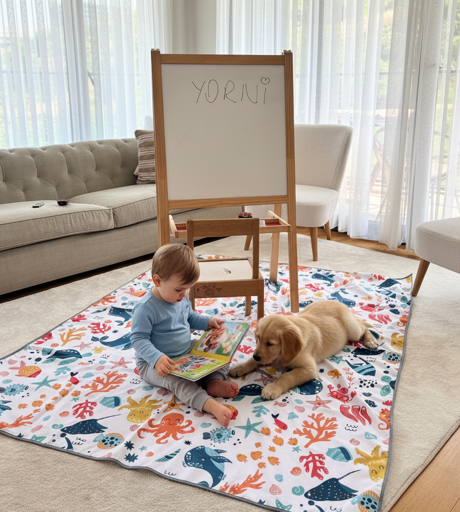 Yorni Ocean %100 Sıvı Geçirmez (Waterproof) Çok Amaçlı Bebek Örtüsü & Splat Mat