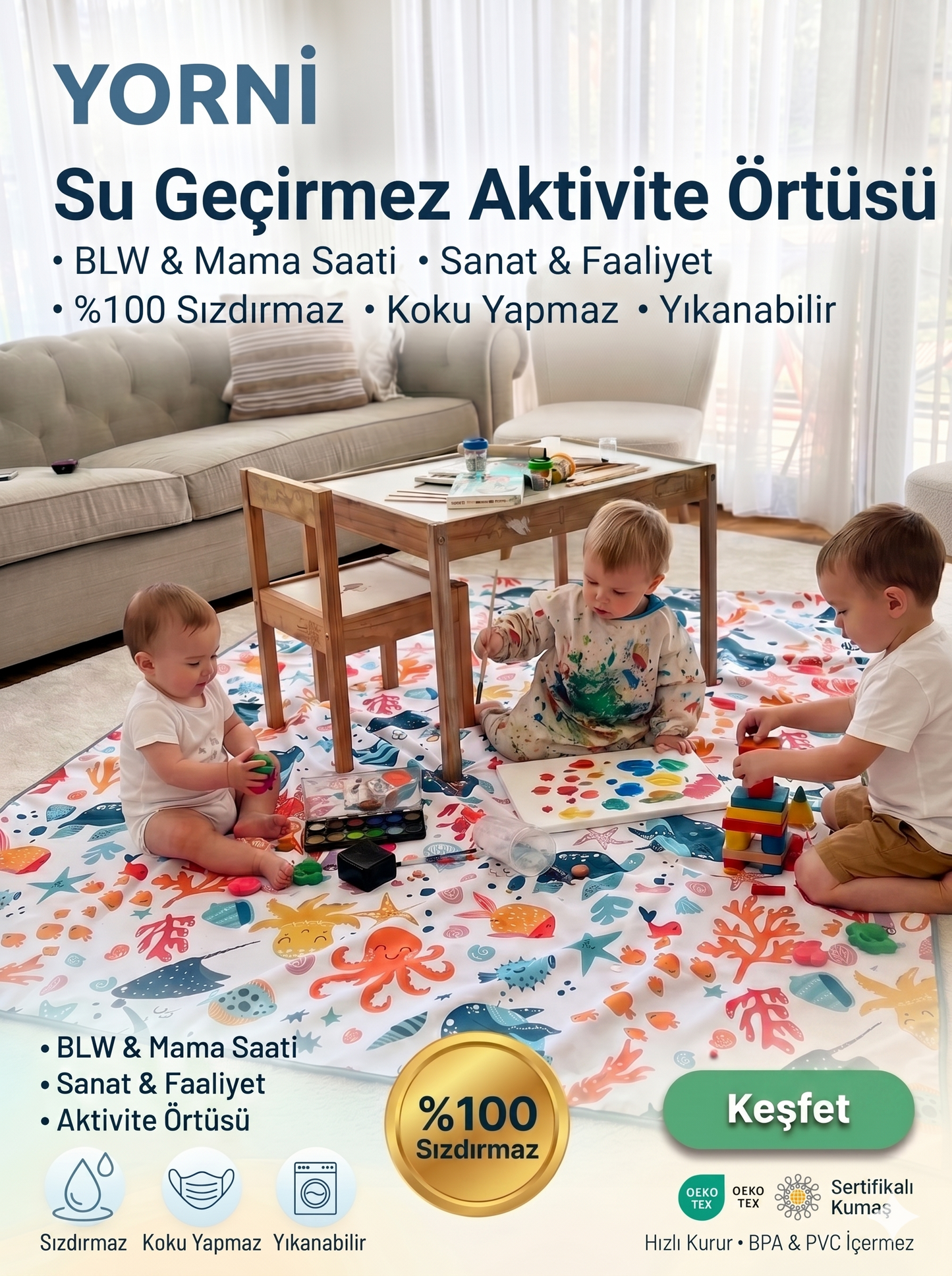 Yorni Ocean %100 Sıvı Geçirmez (Waterproof) Çok Amaçlı Bebek Örtüsü & Splat Mat