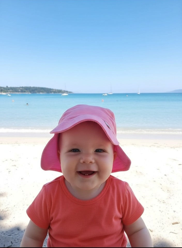 Pembe, Ense Korumalı, Boyundan Bağlamalı, Arkası Ayar Tokalı, Astarlı Çocuk Bebek Güneş Şapka