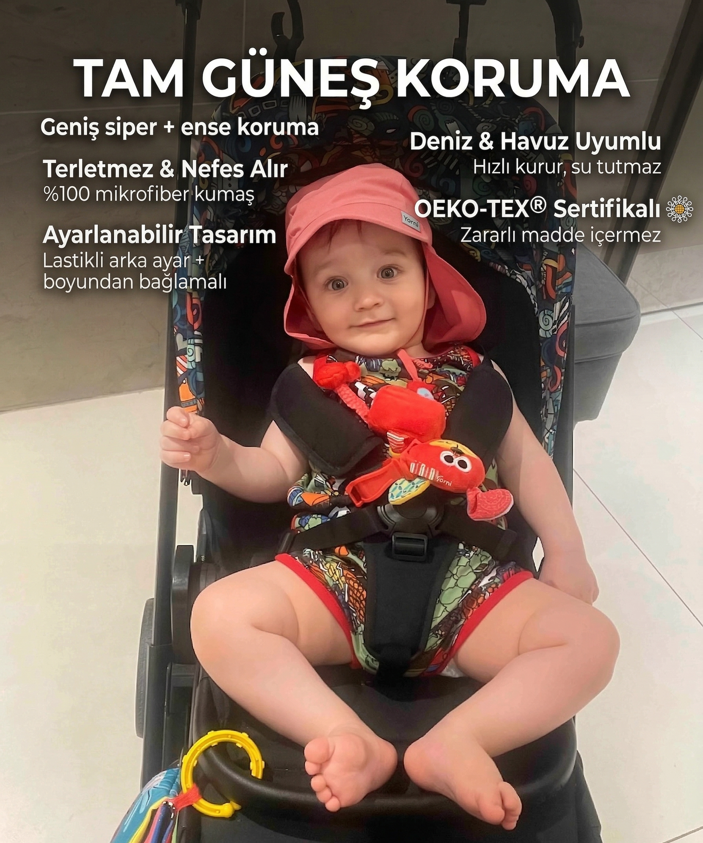 Gülkurusu, Ense Korumalı, Boyundan Bağlamalı, Arkası Ayar Tokalı, Astarlı Çocuk Bebek Güneş Şapka