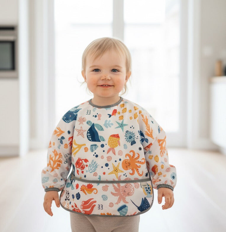 Ocean, Sıvı Geçirmeyen, Uzun Kollu, Cepli, Cırtlı Mama Önlüğü, Önlük, Çok Amaçlı Beslenme Önlüğü